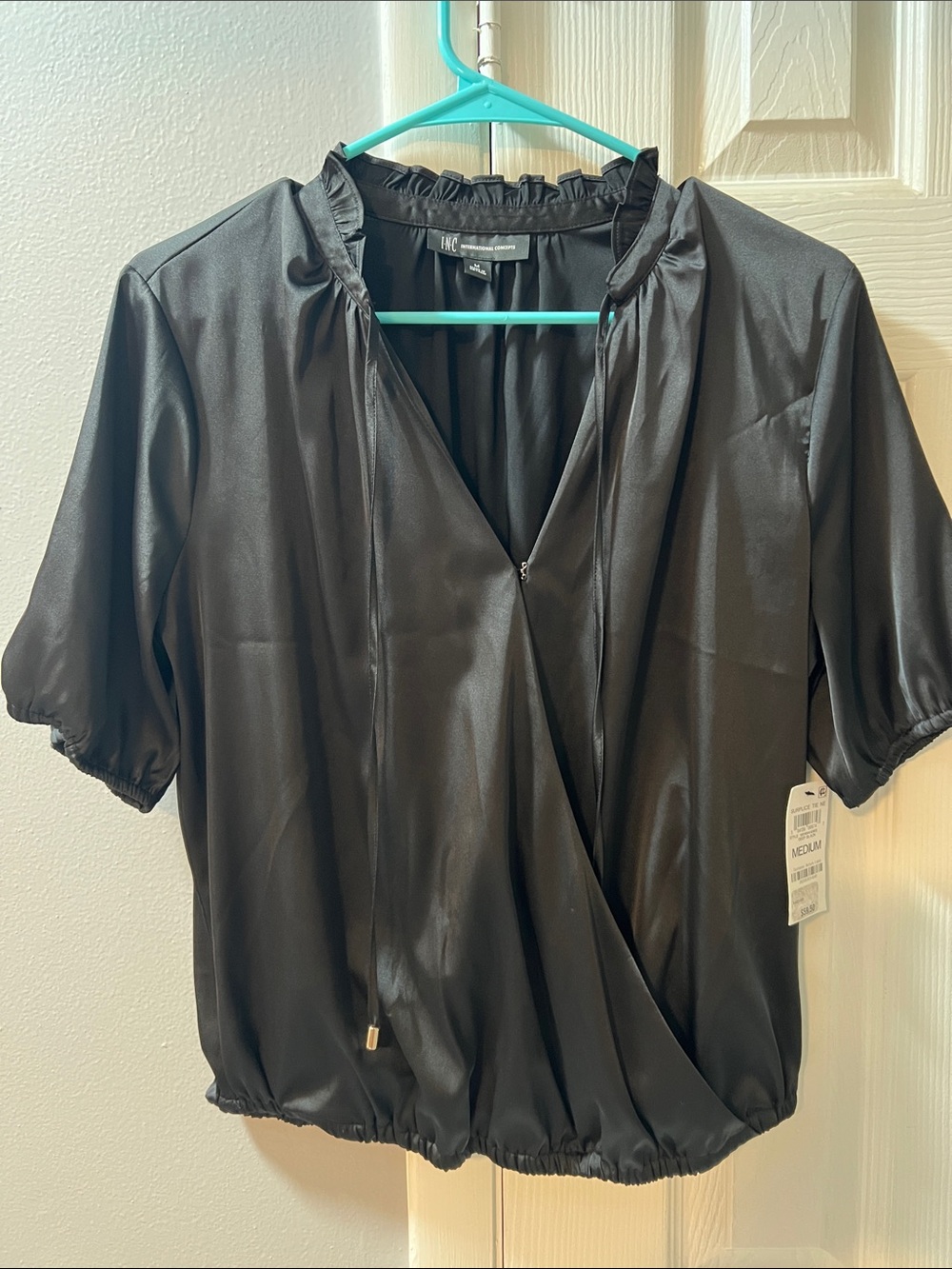INC International Concepts Black Satin Wrap Blouse